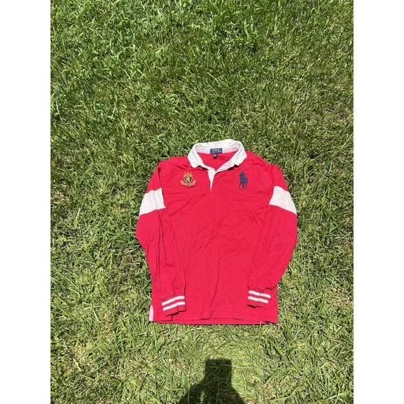 Ralph Lauren Polo Shirt Mens Medium Red Big Pony Crest Striped Rugby Preppy