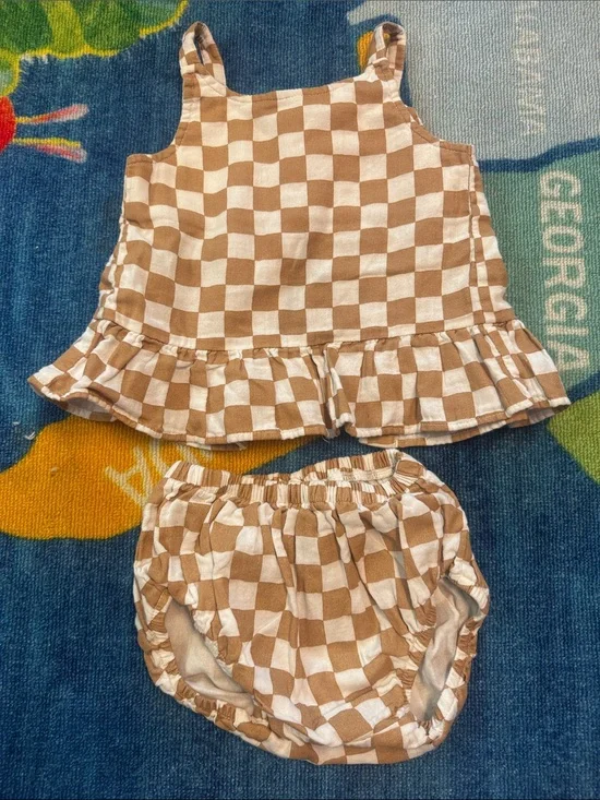 Unbranded Kids Brown & White Checkerboard Ruffle Tank with Bloomers