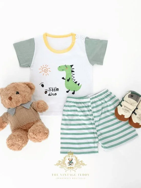 NWT Cute Boys Matching Set Kids T-shirt & Shorts 2-Piece Cotton Little Dino 2T