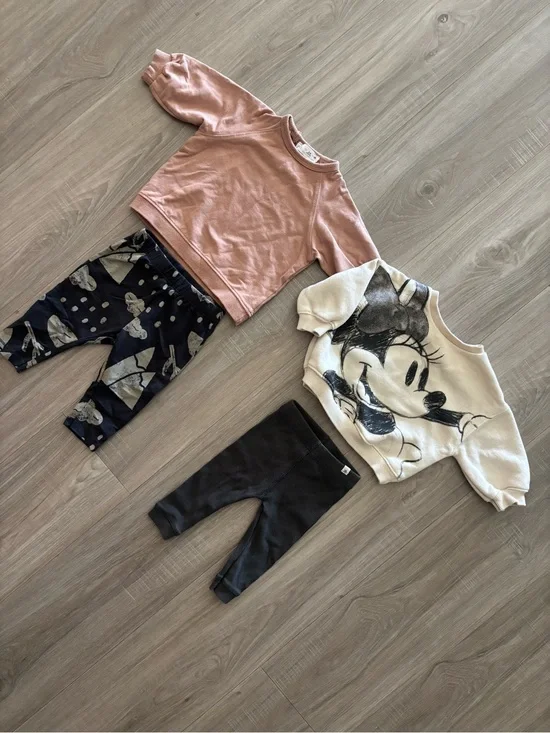 Zara Baby Girls Pink Sweatshirt & Minnie Mouse Cream Top Outfits Bundle
