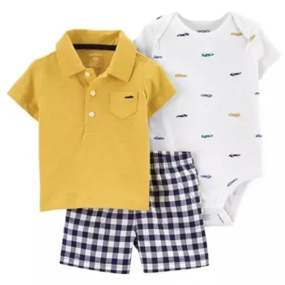 CARTERS Car Polo, Onesie & Shorts 3-piece Set, 6mo