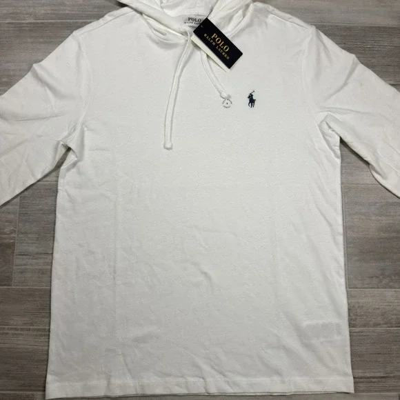 Polo Ralph Lauren Hoodie Shirt Men's Small White Long Sleeve Cotton Tee $69 NWT
