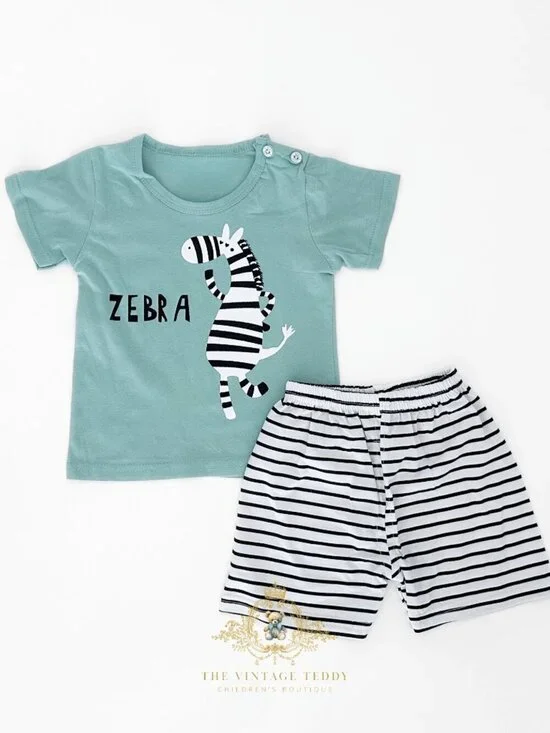 NWT Cute Boys Matching Set Kids T-shirt & Shorts 2-Piece 100% Cotton Zebra 3T