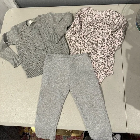12 M Bundle Grey Sweater, Grey Sparkle Pants, Glitter Floral Long Sleeve Onesie