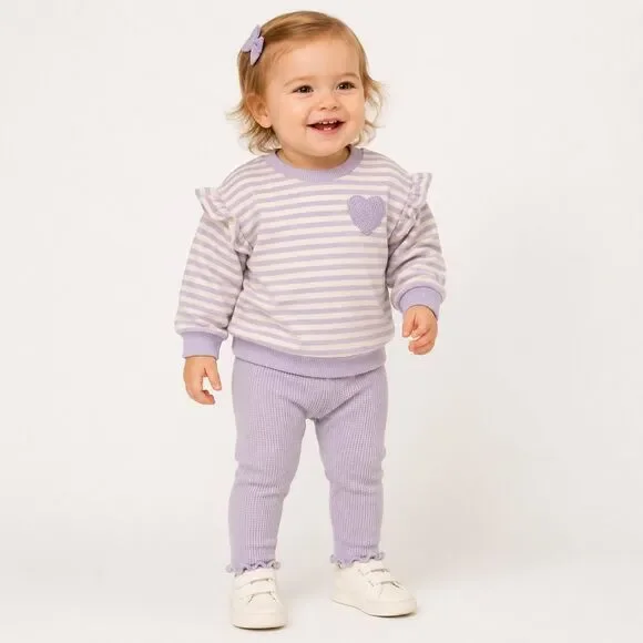Girls 18M Purple Striped Ruffle Sweatshirt Waffle Knit Leggings 2pc Playwear Set