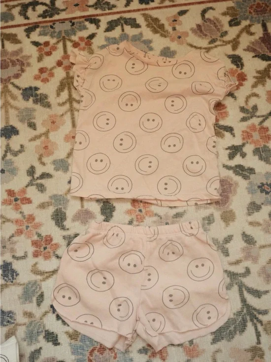 Light Pink Smiley Face Kids Pajama Set - Short Sleeve Top & Shorts