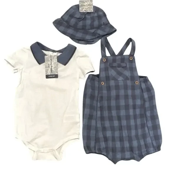 Tommy Bahama Baby Boy 3 Piece Set 18M Blue Plaid Overall Romper Bodysuit Hat NWT