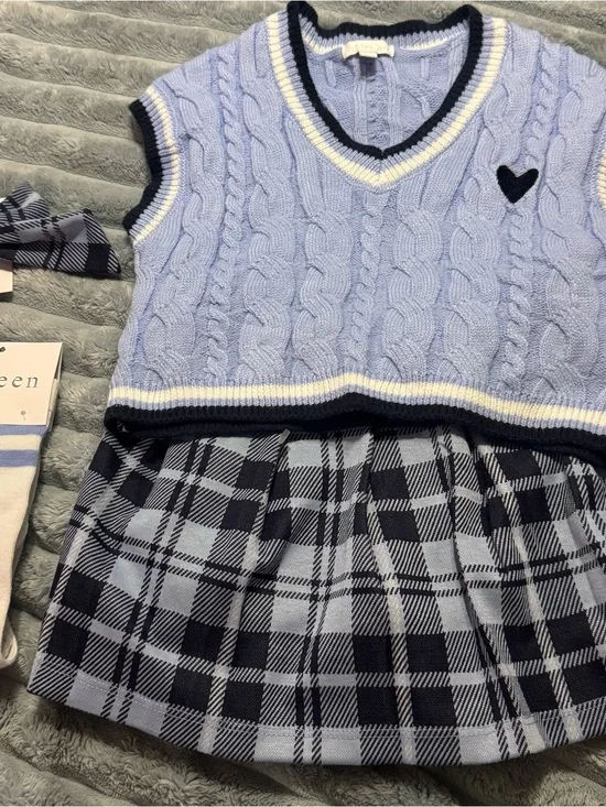 Btween Girls Size 4 Blue Plaid Skirt Sweater Vest 4-Piece Outfit Set NWT