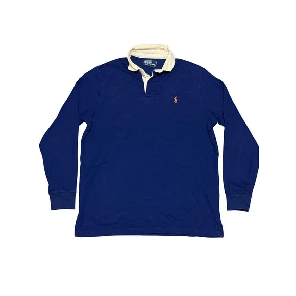 Vintage Polo Ralph Lauren Mens Rugby Shirt Navy Long Sleeve Orange Pony Size M