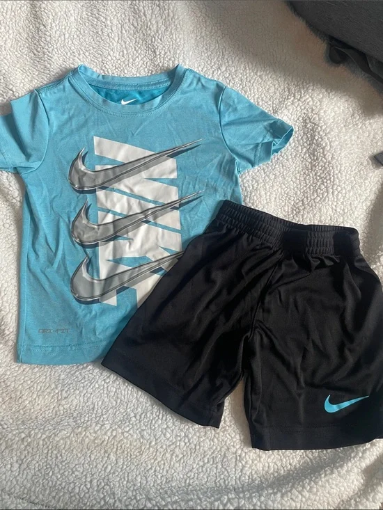 Nike Blue Graphic Tee and Black Athletic Shorts Set DRI-FIT size 4