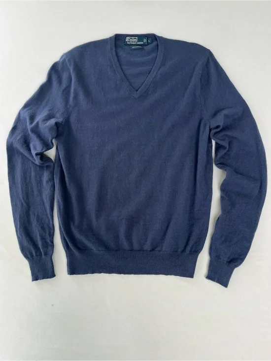POLO Ralph Lauren Vintage Men Navy V-Neck 100% Cashmere Sweater Old Money Luxury