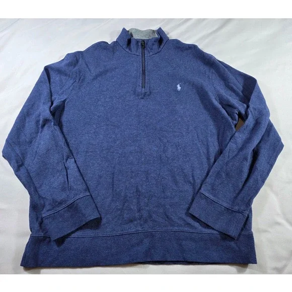 Polo Ralph Lauren Quarter Zip Pullover Men XL Heathered Blue Cotton Blend Mock