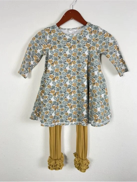 Sassy Siblings Girls Size 8 Floral Tunic Dress & Olive Gold Ruffle Leggings Set