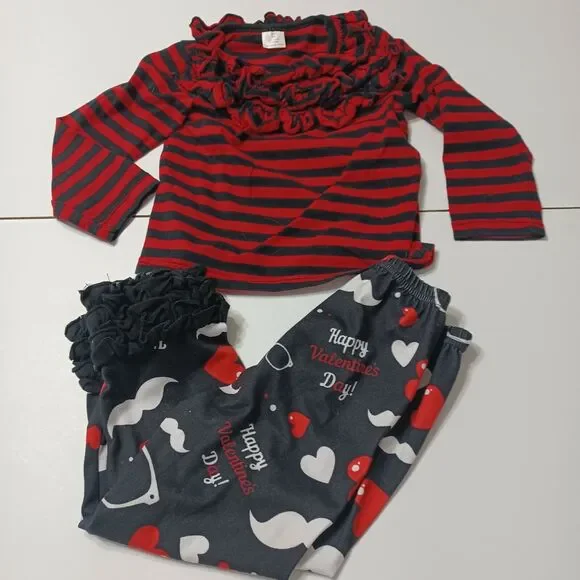 Valentines Outfit Girl 2T Set Red Black Ruffle Stretch Sleeve Terylene Blend 100