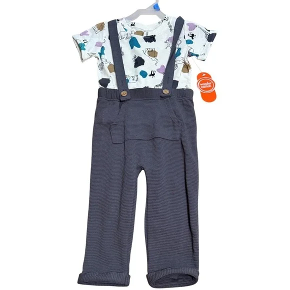 NWT Wonder Nation Baby Boys 24M 2Pcs Outfit Animal‎ AOP Shirt & Suspender Pants