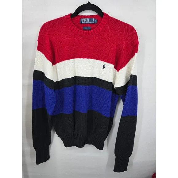 Polo Ralph Lauren Mens Colorblock Striped Cotton Knit Crewneck Sweater Red Blue