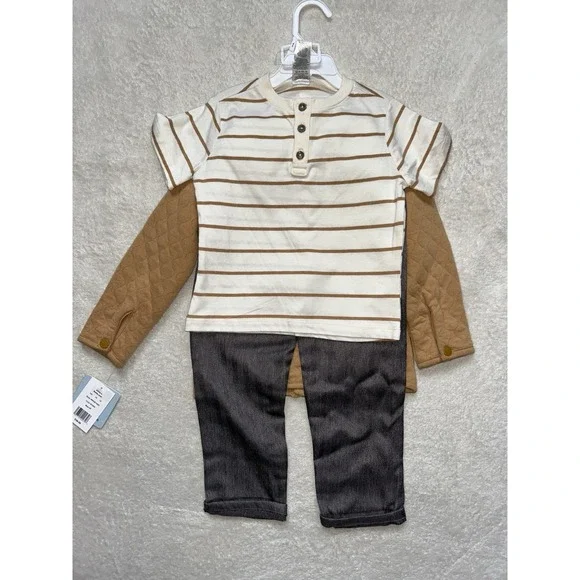 Little Lad Boys 3pc Set Quilted Jacket Striped Henley Herringbone Pants 4T Khaki