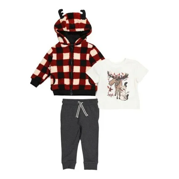 Infant Boys 3pc Reindeer Plaid Sherpa hoodie Jacket & Joggers Set Red/Black 12M