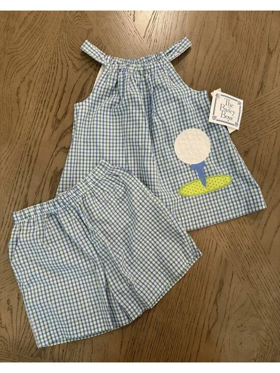 The Bailey Boys Golf Pillowcase Short Set Blue Green Gingham 4T Preppy NWT