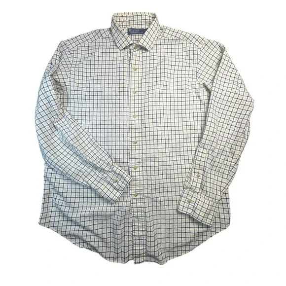 Polo Ralph Lauren Mens XL Button Down Shirt Yellow Navy Blue Grid Check Long Slv