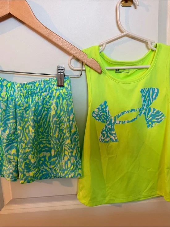 Under Armour Neon Yellow Tank Top with Aqua Patterned Shorts Set