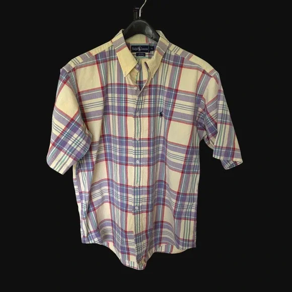 80's Polo Ralph‎ Lauren Blaire XL Short Sleeve Button Down Plaid Shirt Yellow XL