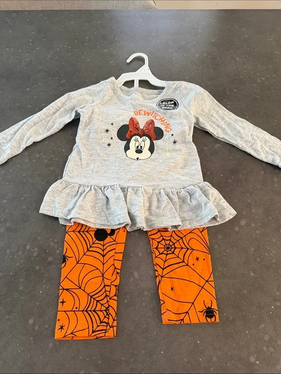 Disney Girls Gray Minnie Mouse 'Bewitching' Top with Orange Spiderweb Leggings