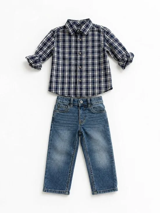 NWT OshKosh B’gosh Toddler Boy Outfit 24 Months 2T Plaid Shirt Blue Jeans Set