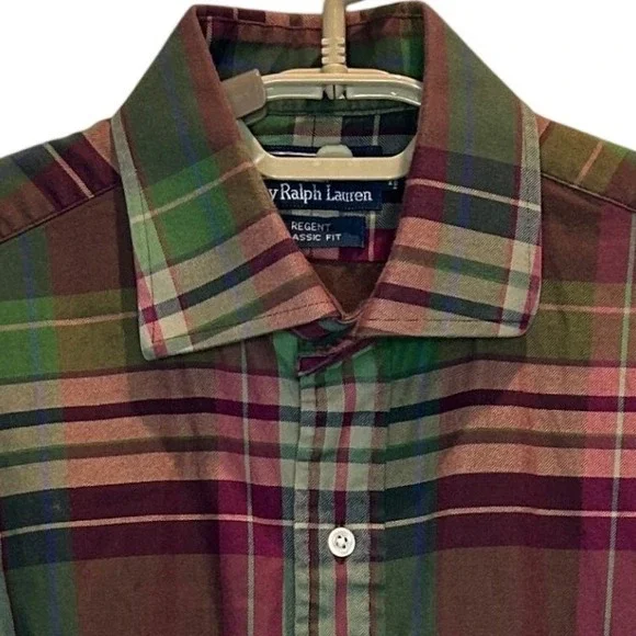 Polo Ralph Lauren Regent Classic Fit M Mens Green Burgundy Plaid Button Down
