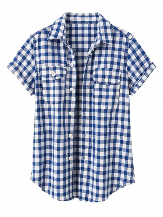 GAP Blue and White Gingham Short Sleeve Button-Front Shirt