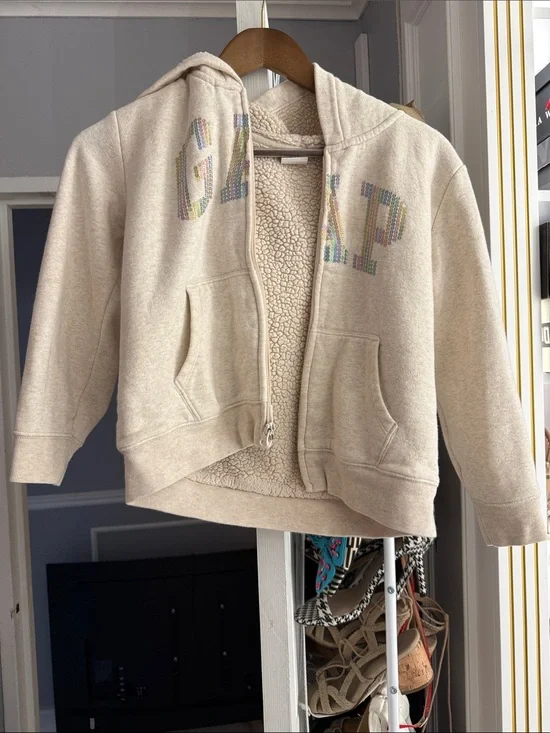 GAP Kids Cream Zip-Up Hooded Sherpa Jacket with Iridescent Logo