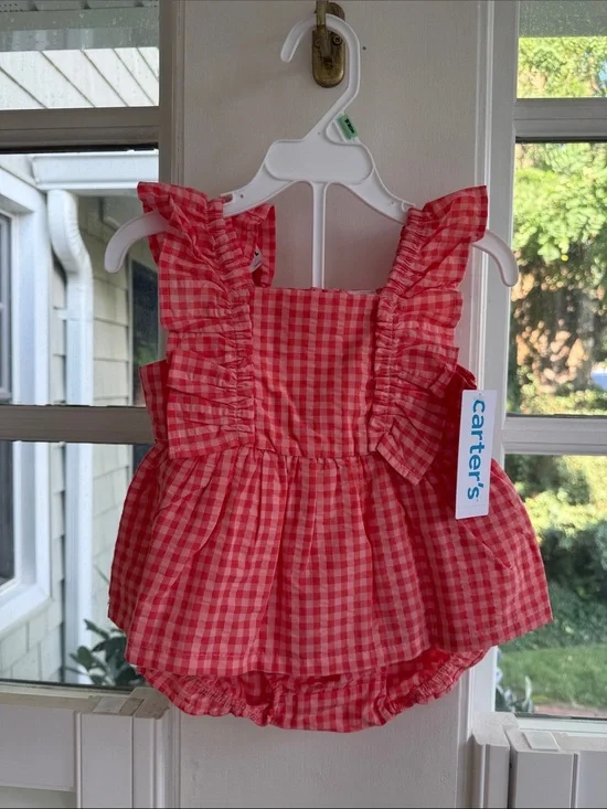 NWT Carter's Pink-Red Gingham Ruffle Bubble Romper and Bloomers