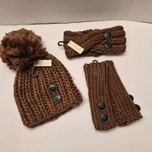 NWT Simply Noelle Carmel Brown Winter Accessory Set w/ Beanie, Headband & Wrist