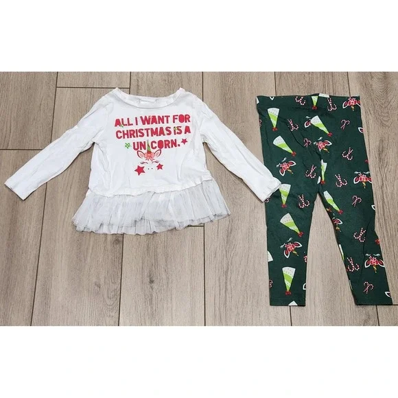 Lily & Dan 3T Unicorn Christmas Outfit Tulle‎ Skirt Top & Candy Cane Leggings