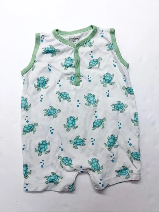 Kissy Kissy Love White Sleeveless Romper Pima Cotton Green Turtle Print