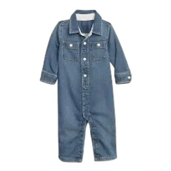 Baby Gap Denim Long Sleeve One-Piece Coverall Medium Wash 6-12 Months NWT