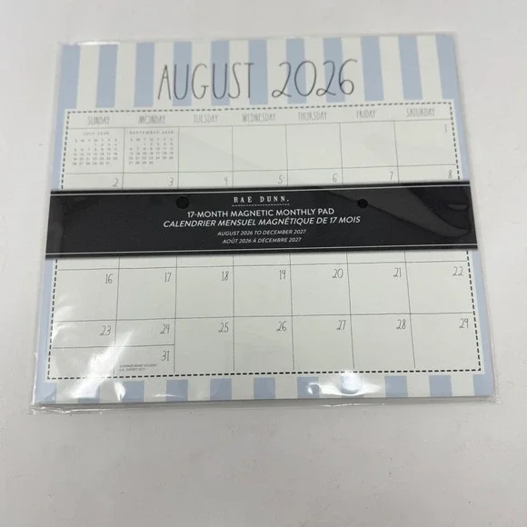 Rae Dunn 17-Month Magnetic Monthly Pad Calendar 2026-2027 Blue Striped Farmhouse