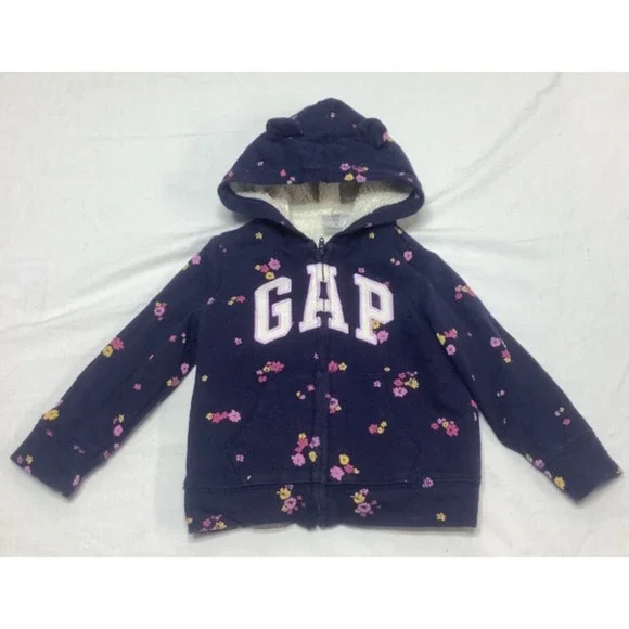Girls GAP Navy Floral Fleece Lined Sweatshirt Size 18-24 Months Full Zip hooded