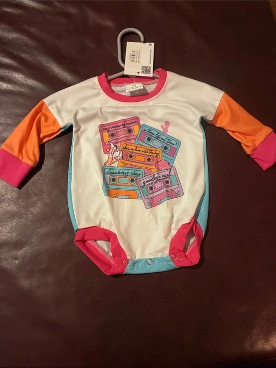 Retro Cassette Graphic One-Piece Bodysuit - White with Pink, Orange & Blue Trim