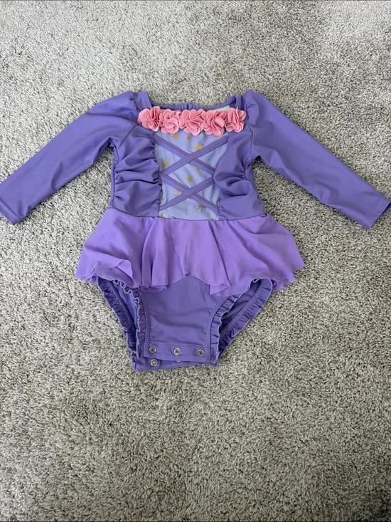 Purple Floral Trim Long-Sleeve One-Piece for Kids