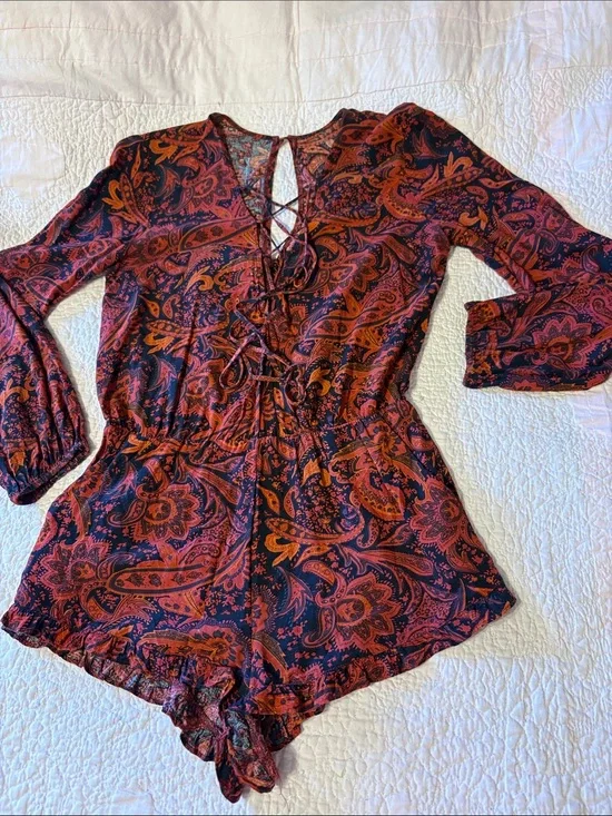 Boho Paisley Lace-Up Women’s One-Piece Romper in Burgundy