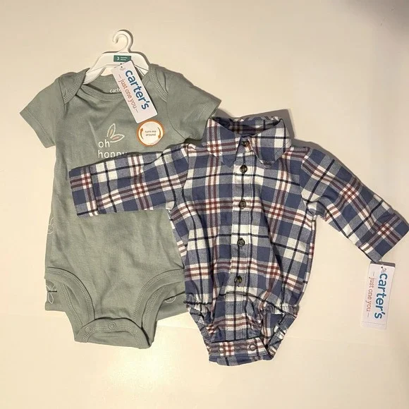 Carter's Baby Boy Outfit Set Newborn Plaid Bodysuit Bunny Pants NWT‎