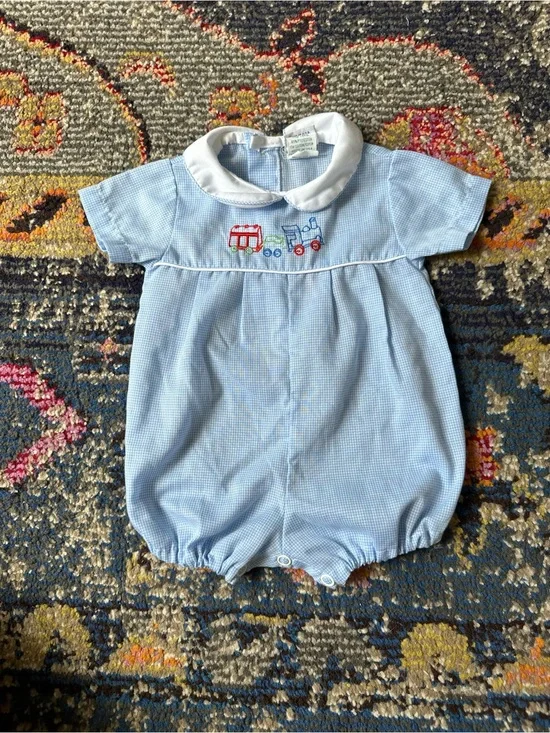 Vintage romper newborn train embroidery