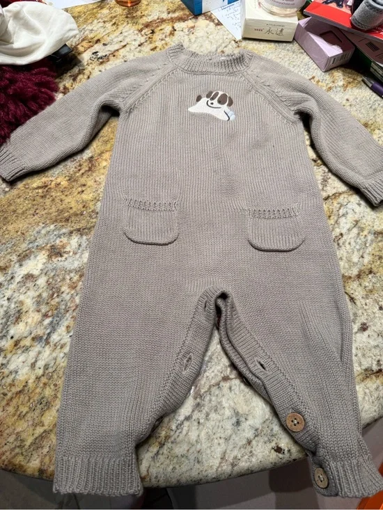 Jamie Kay Taupe Knit Baby One-Piece Romper with Puppy Appliqué