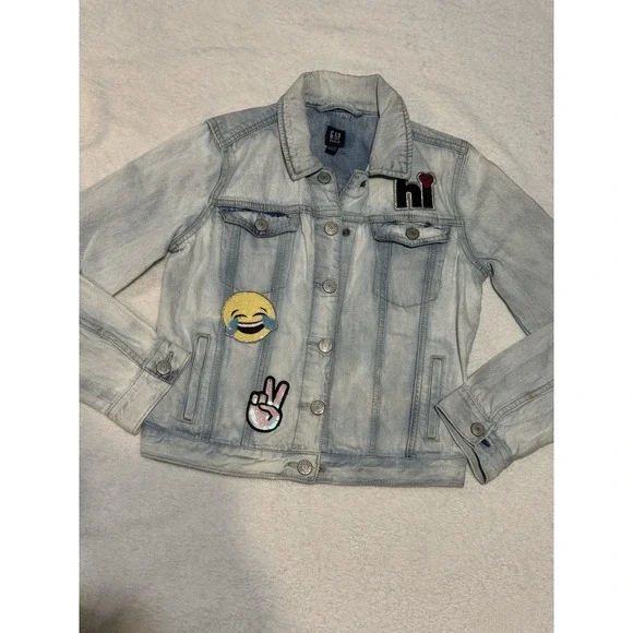 Gap Kids XL Emoji Patch Denim Jacket Light Wash Girl‎ 12-13Y Sequin Fun SPR18