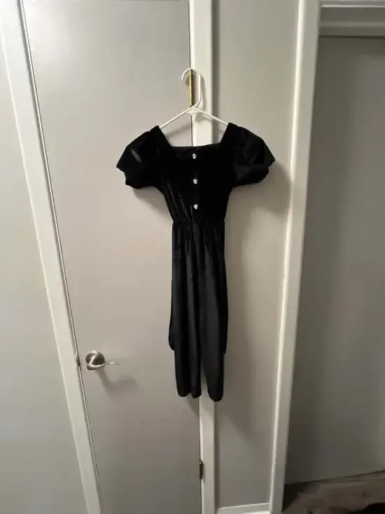 Zara Black Velvet Puff Sleeve Jumpsuit with Crystal Buttons Size 6