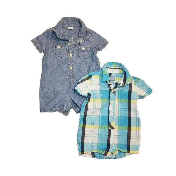 Gap Baby 0-3m chambray and blue plaid button down shirt shortalls romper set