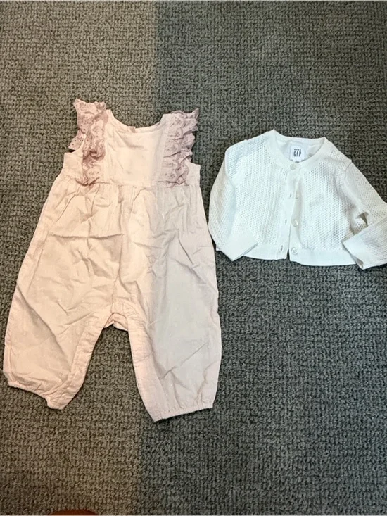 GAP Pink and Cream Baby Romper with Knit Cardigan Set