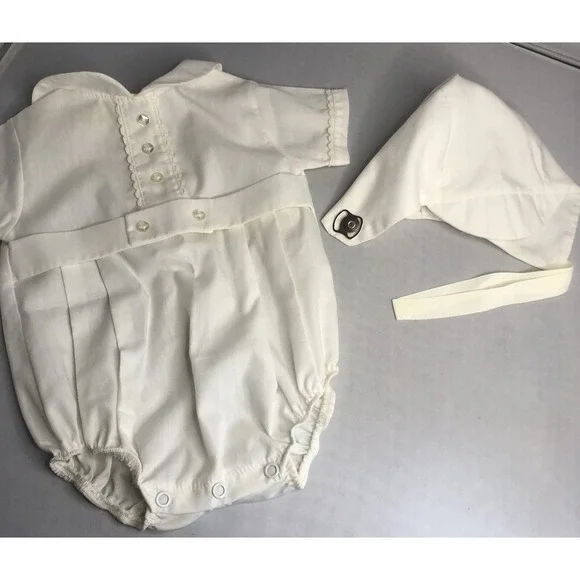 Vintage Baptism Christening Boy's One Piece Outfit w/Bonnet‎ Size 3-6 months