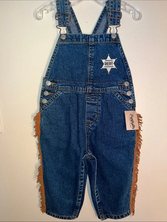Vintage Flapdoodles Denim Overalls with western Fringe & Sheriff Star Appliqué.​